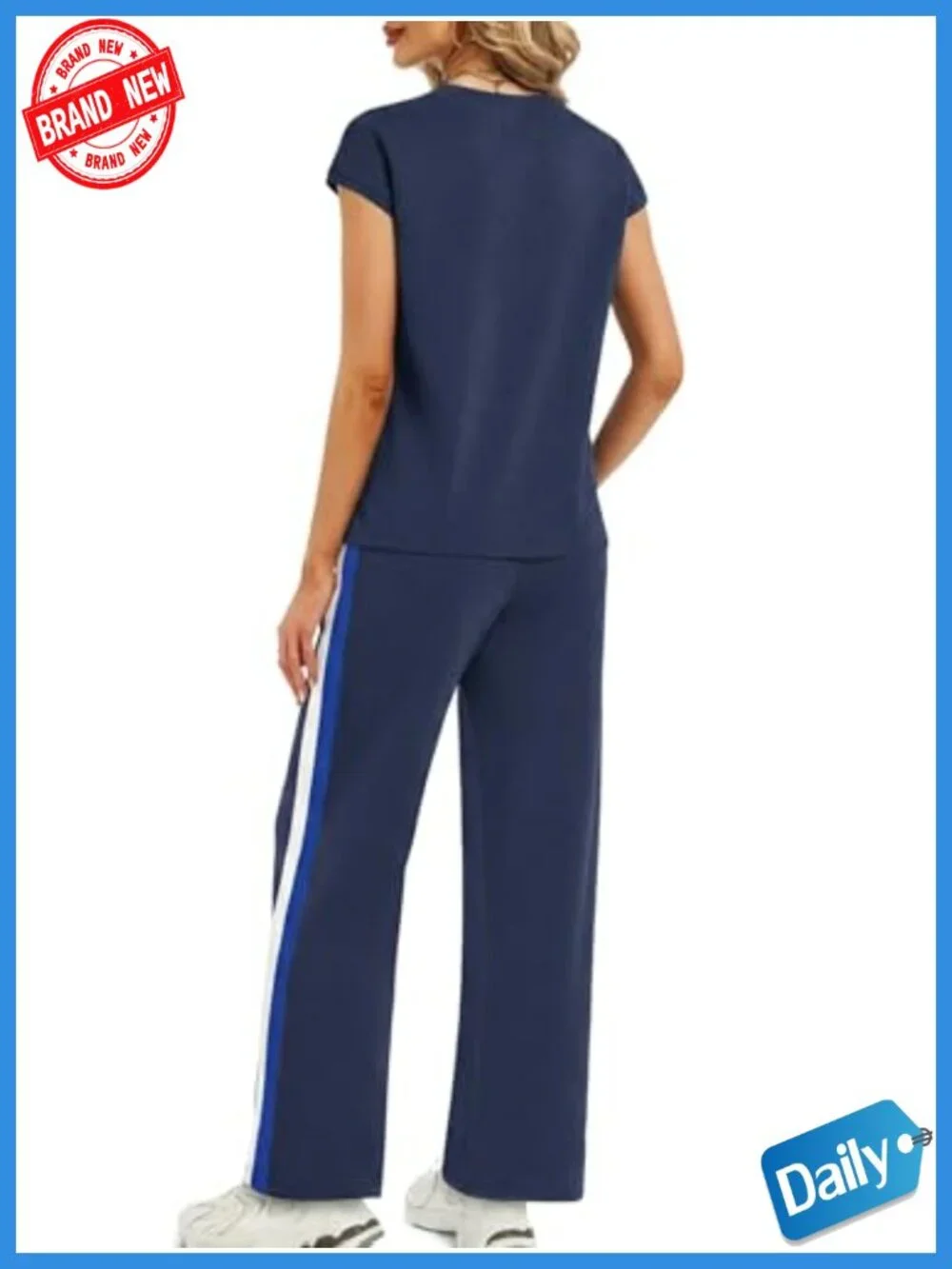 2 Piece Lounge Set for Women – Navy Side Stripe Pants & Cap Sleeve Top